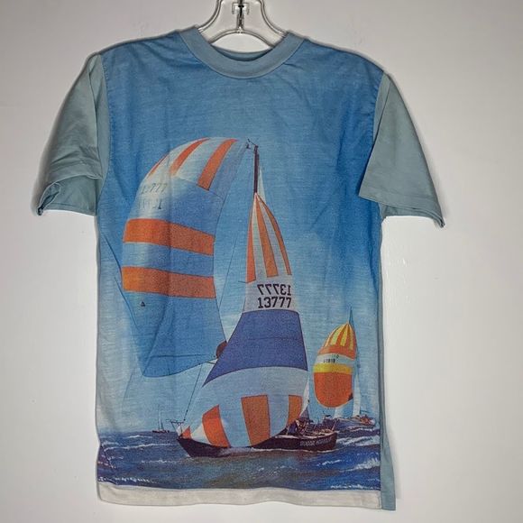 Vintage Tops - Vintage Blue and Orange Sailboat Graphic Tee photo print